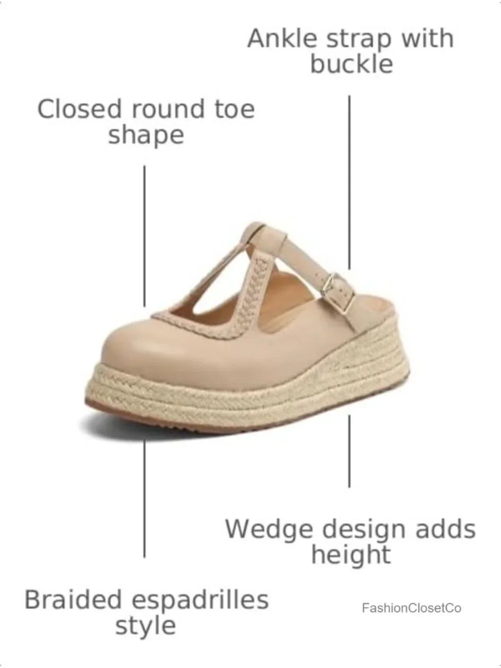 Platform Espadrilles Wedge Sandals Round Closed Toe Mary Jane Dress Shoes Slip